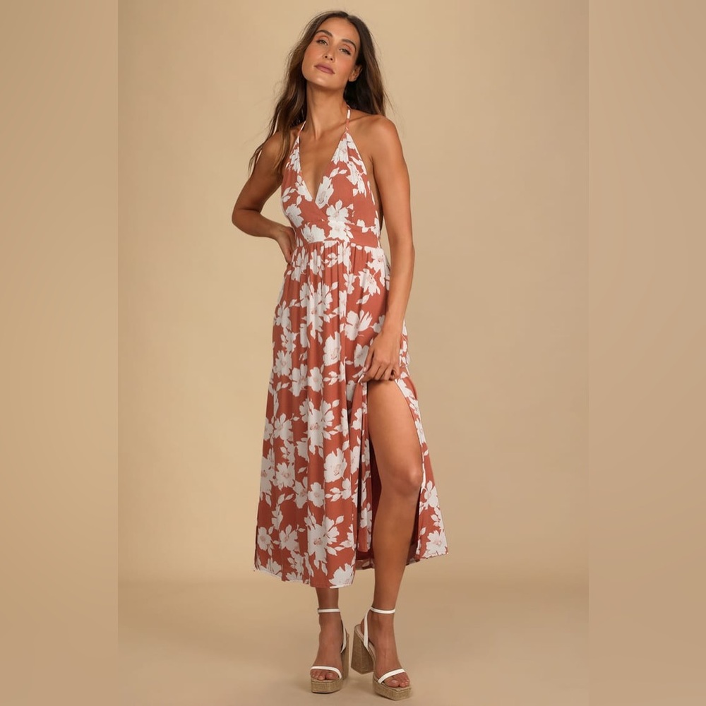 Lulu's Orange Floral Print Halter Midi Sundress